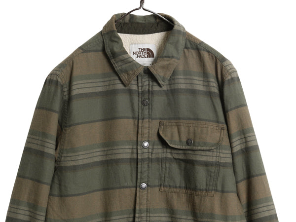 US企画 ノースフェイス ボーダー フランネル シャツ ジャケット メンズ M 古着 ボア パイル フリース ライナー付き 長袖シャツ ネルシャツ