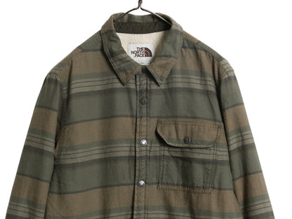 US企画 ノースフェイス ボーダー フランネル シャツ ジャケット メンズ M 古着 ボア パイル フリース ライナー付き 長袖シャツ ネルシャツ