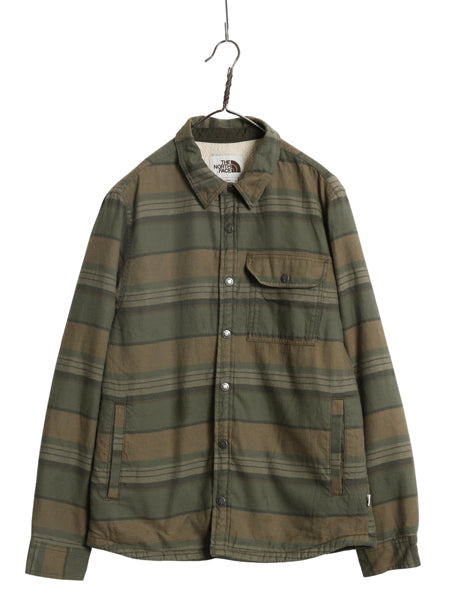 US企画 ノースフェイス ボーダー フランネル シャツ ジャケット メンズ M 古着 ボア パイル フリース ライナー付き 長袖シャツ ネルシャツ