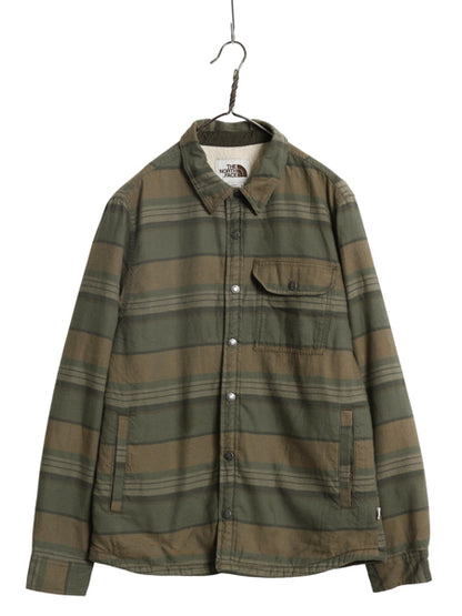 US企画 ノースフェイス ボーダー フランネル シャツ ジャケット メンズ M 古着 ボア パイル フリース ライナー付き 長袖シャツ ネルシャツ