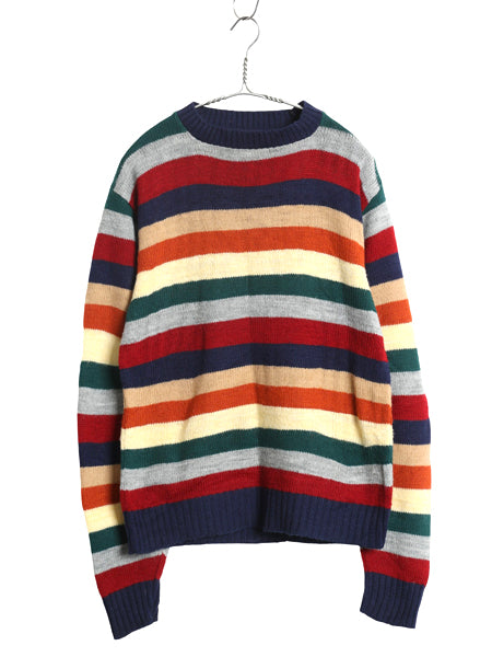 60s 70s ★ ボーダー アクリル ニット セーター メンズ S 程/ 古着 ヴィンテージ マルチカラー カラフル クルーネック ミドルゲージ 薄手