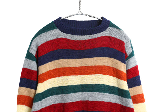 60s 70s ★ ボーダー アクリル ニット セーター メンズ S 程/ 古着 ヴィンテージ マルチカラー カラフル クルーネック ミドルゲージ 薄手