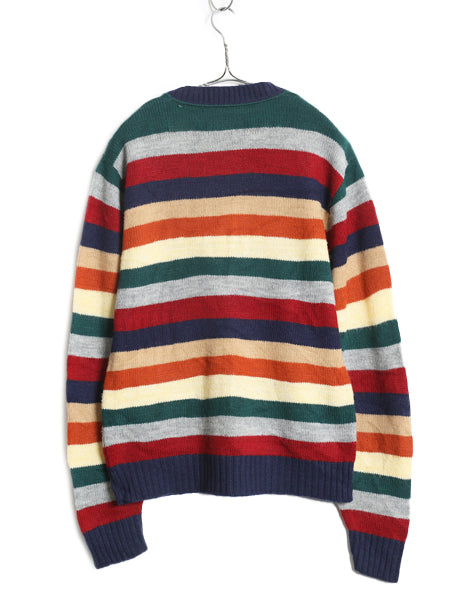 60s 70s ★ ボーダー アクリル ニット セーター メンズ S 程/ 古着 ヴィンテージ マルチカラー カラフル クルーネック ミドルゲージ 薄手
