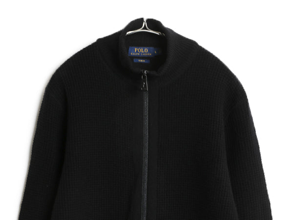 ポロ ラルフローレン フルジップ ニット セーター ジャケット メンズ L / メリノ ウール カシミヤ ドライバーズ カーディガン ワッフル 黒