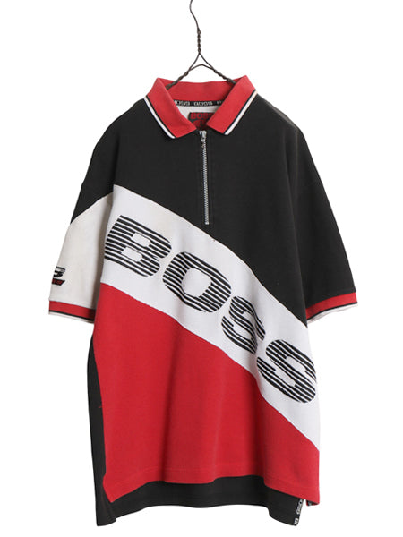 90s USA製 ☆ BOSS IGデザイン ビッグロゴ 刺繍 ポロシャツ メンズ L / 古着 オールド Y2K ストリート ヒップホップ ハーフジップ 鹿の子