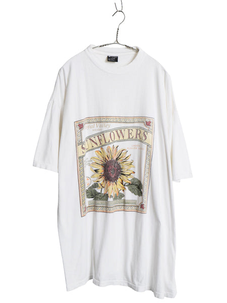 90s ひまわり アート イラスト プリント Tシャツ メンズ レディース XXXL オールド フラワー グラフィック ヘビーウェイト 大きいサイズ 白