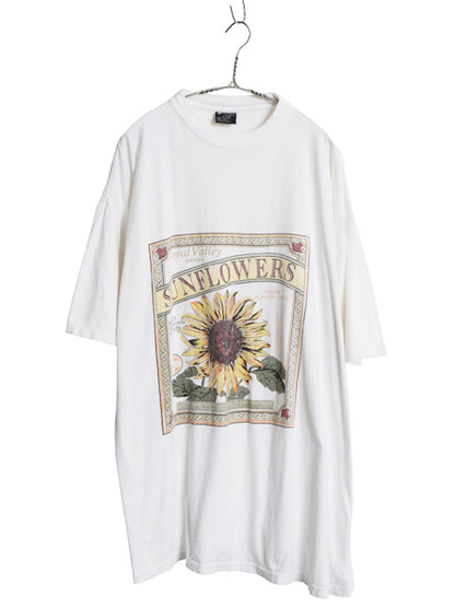 90s ひまわり アート イラスト プリント Tシャツ メンズ レディース XXXL オールド フラワー グラフィック ヘビーウェイト 大きいサイズ 白