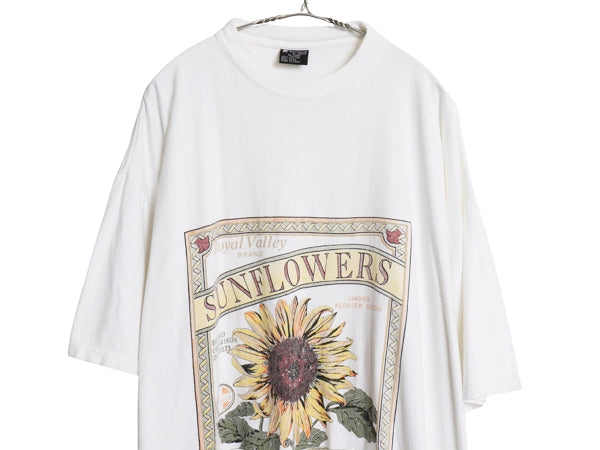90s ひまわり アート イラスト プリント Tシャツ メンズ レディース XXXL オールド フラワー グラフィック ヘビーウェイト 大きいサイズ 白