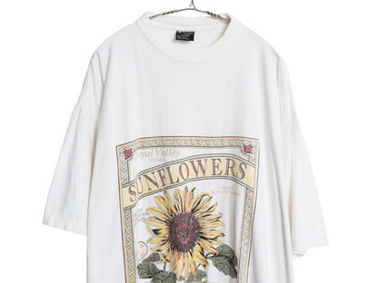 90s ひまわり アート イラスト プリント Tシャツ メンズ レディース XXXL オールド フラワー グラフィック ヘビーウェイト 大きいサイズ 白