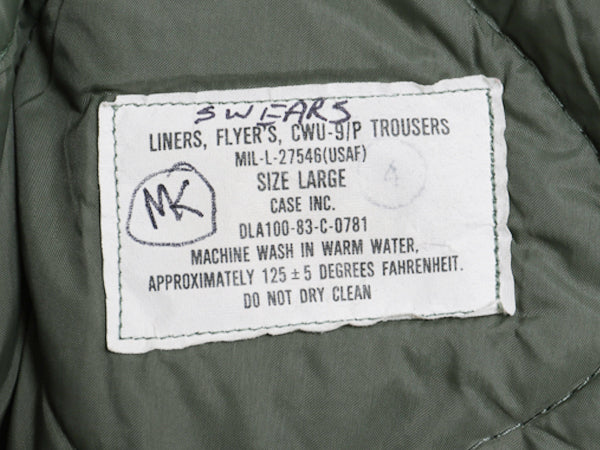80s 米軍実物 USAF CWU-9/P 中綿 キルティング ライナー パンツ LARGE 83年製 ヴィンテージ ミリタリー 軍物 エアフォース セージ グリーン