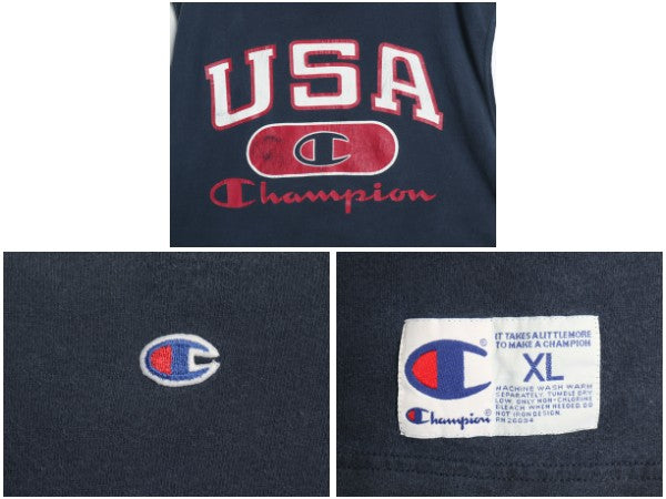 90s チャンピオン 3段 プリント ノースリーブ Tシャツ メンズ XL / オールド タンクトップ ヘビーウェイト コットン 大きいサイズ ネイビー