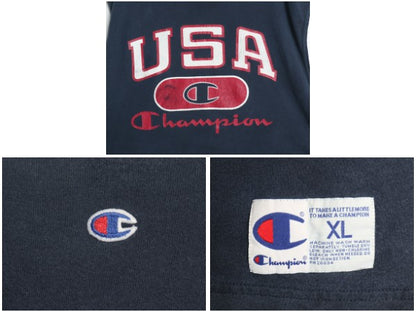 90s チャンピオン 3段 プリント ノースリーブ Tシャツ メンズ XL / オールド タンクトップ ヘビーウェイト コットン 大きいサイズ ネイビー