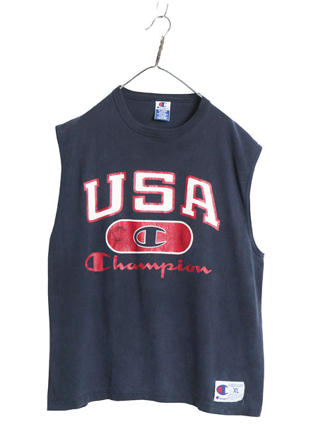 90s チャンピオン 3段 プリント ノースリーブ Tシャツ メンズ XL / オールド タンクトップ ヘビーウェイト コットン 大きいサイズ ネイビー
