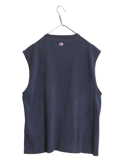90s チャンピオン 3段 プリント ノースリーブ Tシャツ メンズ XL / オールド タンクトップ ヘビーウェイト コットン 大きいサイズ ネイビー