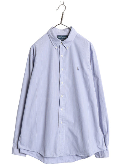 00s ラルフローレン ストライプ 長袖 ボタンダウン シャツ メンズ XL オールド ポロ オックスフォード ワイシャツ 大きいサイズ 細身 青 白