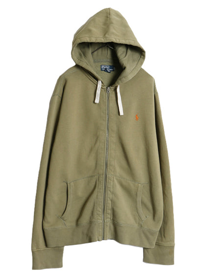00s ポロ ラルフローレン フルジップ スウェット フード パーカー メンズ XL トレーナー 裏起毛 ワンポイント ポニー 大きいサイズ カーキ
