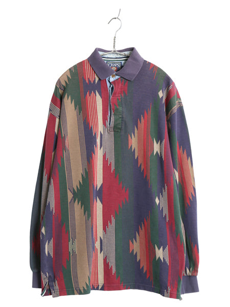 80s チャップス ラルフローレン ネイティブ 総柄 長袖 ポロシャツ メンズ M ヴィンテージ ポロ ラガーシャツ タイプ ボックス マルチカラー