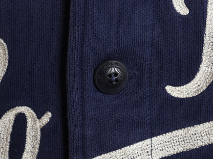 ポロ ラルフローレン スウェット スタジャン メンズ L 古着 ジャケット ジャンパー トレーナー 裏起毛 チェーンステッチ 刺繍 ボタスタ 紺