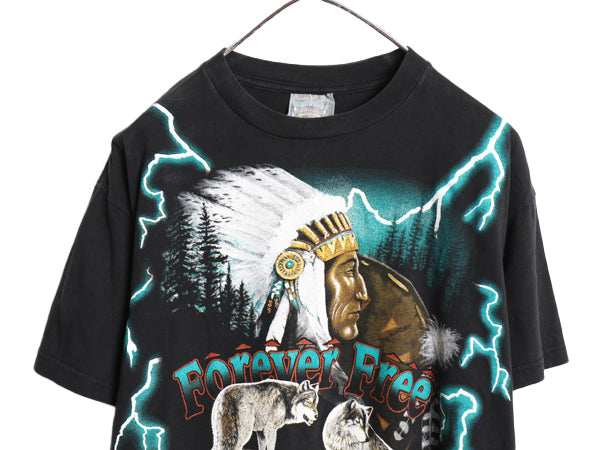 90s ★ アメリカンサンダー オールオーバー プリント Tシャツ メンズ L オールド アニマル インディアンヘッド アート 総柄 オフィシャル
