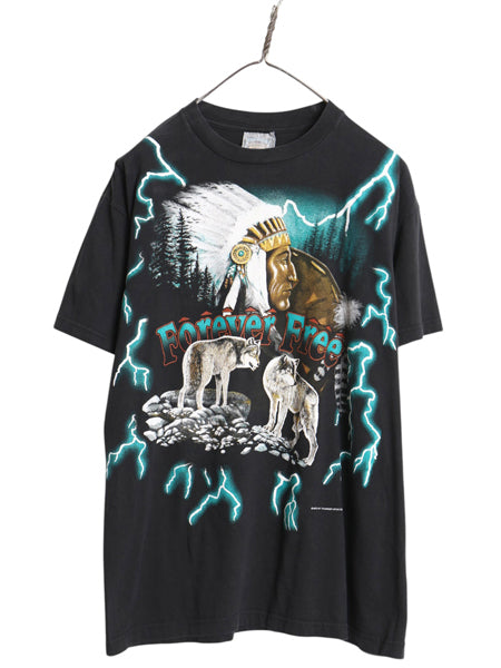 90s ★ アメリカンサンダー オールオーバー プリント Tシャツ メンズ L オールド アニマル インディアンヘッド アート 総柄 オフィシャル
