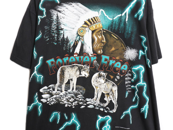 90s ★ アメリカンサンダー オールオーバー プリント Tシャツ メンズ L オールド アニマル インディアンヘッド アート 総柄 オフィシャル