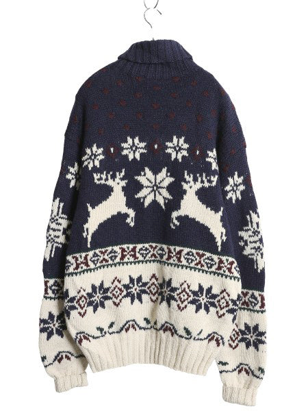 90s ポロ ラルフローレン タートルネック ウール ニット セーター メンズ L / オールド ハンドメイド ノルディック柄 総柄 絵柄 バーズアイ