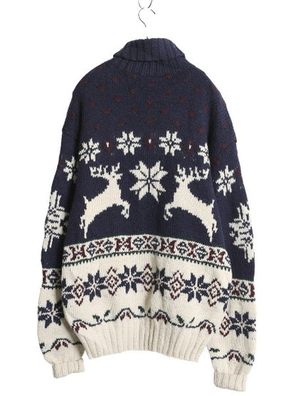90s ポロ ラルフローレン タートルネック ウール ニット セーター メンズ L / オールド ハンドメイド ノルディック柄 総柄 絵柄 バーズアイ