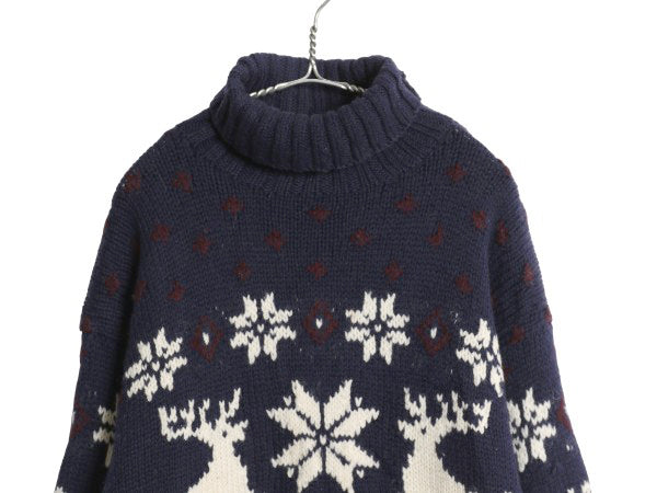 90s ポロ ラルフローレン タートルネック ウール ニット セーター メンズ L / オールド ハンドメイド ノルディック柄 総柄 絵柄 バーズアイ