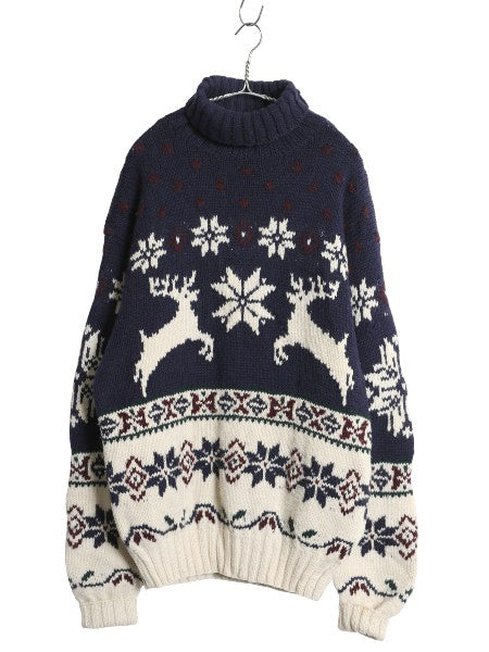 90s ポロ ラルフローレン タートルネック ウール ニット セーター メンズ L / オールド ハンドメイド ノルディック柄 総柄 絵柄 バーズアイ