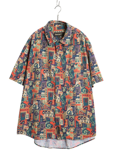 90s ティンバーランド 総柄 デザイン 半袖 シャツ メンズ XL / 旧タグ オールド コットン ゆったり マルチカラー カジュアル 大きいサイズ
