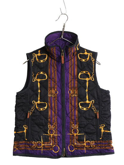 00s ローレン ラルフローレン リバーシブル 中綿 キルティング ベスト レディース M オールド ポロ フルジップ 馬具 総柄 ハイネック 黒 紫