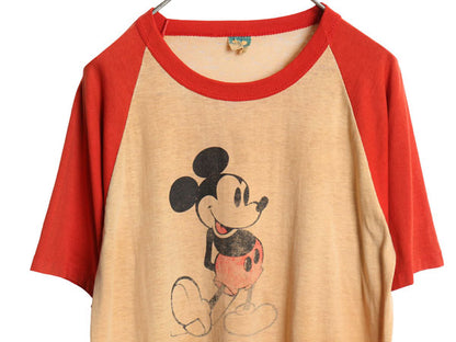 80s USA製 ミッキー イラスト プリント Tシャツ メンズ レディース L ヴィンテージ ディズニー キャラクター ベースボール タイプ ツートン