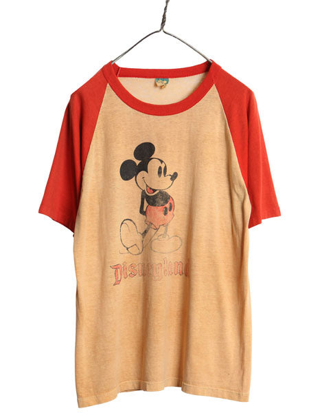 80s USA製 ミッキー イラスト プリント Tシャツ メンズ レディース L ヴィンテージ ディズニー キャラクター ベースボール タイプ ツートン