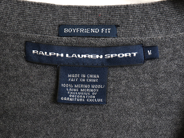 ラルフローレン ニット カーディガン レディース M BOYFRIEND FIT ポロ スポーツ メリノ ウール セーター 前開き 羽織り 重ね着 ポニー 灰