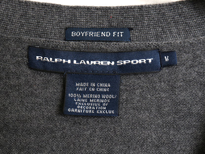 ラルフローレン ニット カーディガン レディース M BOYFRIEND FIT ポロ スポーツ メリノ ウール セーター 前開き 羽織り 重ね着 ポニー 灰