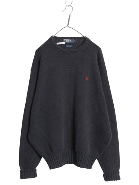 90s ポロ ラルフローレン コットン ニット セーター メンズ XL / オールド 長袖ニット ワンポイント クルーネック 大きいサイズ ブラック