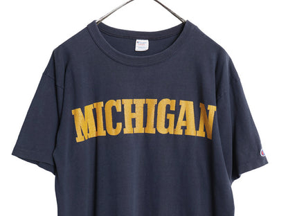 80s USA製 チャンピオン カレッジ プリント 半袖 Tシャツ メンズ L 古着 ヴィンテージ シングルステッチ ヘビーウェイト 100% コットン 紺