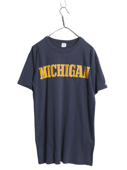 80s USA製 チャンピオン カレッジ プリント 半袖 Tシャツ メンズ L 古着 ヴィンテージ シングルステッチ ヘビーウェイト 100% コットン 紺