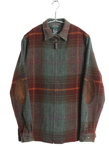 90s ローレン ラルフローレン チェック シャツ ジャケット レディース M オールド ポロ ラム ウール フルジップ 本革レザー エルボーパッチ