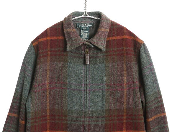 90s ローレン ラルフローレン チェック シャツ ジャケット レディース M オールド ポロ ラム ウール フルジップ 本革レザー エルボーパッチ