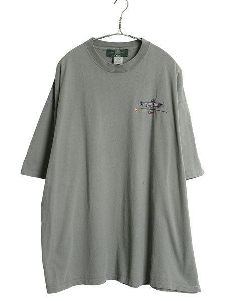 90s USA製 オービス ワンポイント 刺繍 半袖 Tシャツ メンズ XXL オールド シングルステッチ ヘビーウェイト フィッシング 大きいサイズ 緑