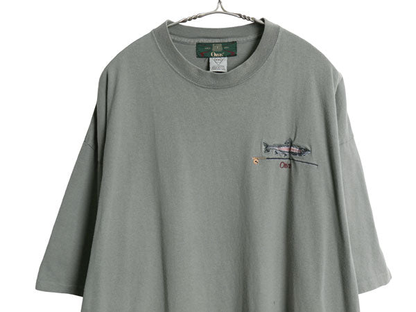 90s USA製 オービス ワンポイント 刺繍 半袖 Tシャツ メンズ XXL オールド シングルステッチ ヘビーウェイト フィッシング 大きいサイズ 緑