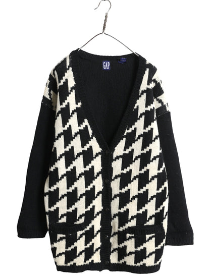 90s オールド ギャップ ウール デザイン ニット カーディガン レディース М 大きめ L 程 紺タグ ロング セーター 千鳥格子 前開き 重ね着
