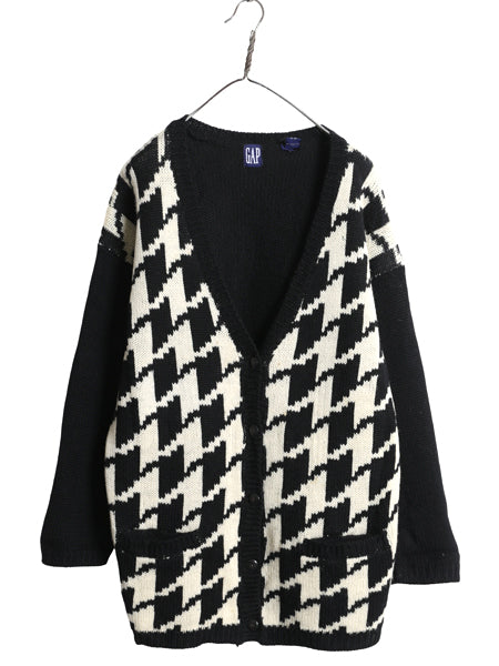 90s オールド ギャップ ウール デザイン ニット カーディガン レディース М 大きめ L 程 紺タグ ロング セーター 千鳥格子 前開き 重ね着