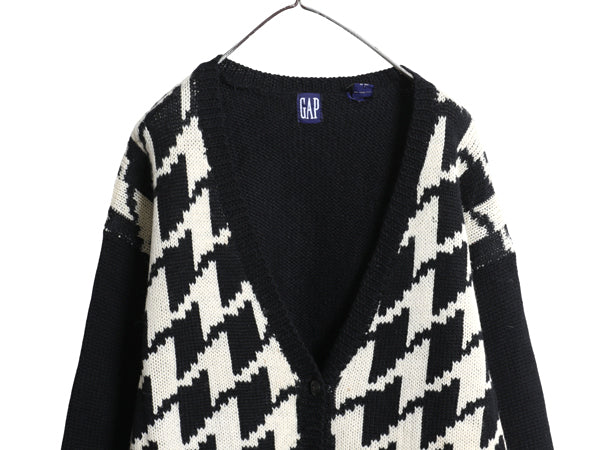 90s オールド ギャップ ウール デザイン ニット カーディガン レディース М 大きめ L 程 紺タグ ロング セーター 千鳥格子 前開き 重ね着