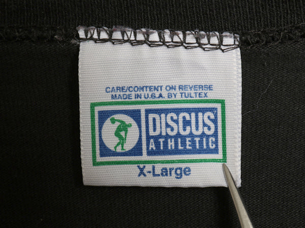 90s USA製 ディスカス モックネック 長袖 Tシャツ メンズ XL 古着 オールド ロンT コットン ストレッチ カットソー 無地 大きいサイズ 黒