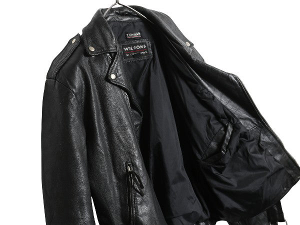 80s 90s パキスタン製 ウィルソンズ 本革 レザー ダブル ライダース ジャケット メンズ L オールド ブルゾン 革ジャン パキジャン 中綿 黒