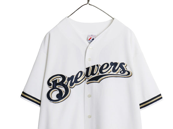 USA製 ブルワーズ ベースボール シャツ メンズ XL 程/ MLB オフィシャル マジェスティック 大リーグ ユニフォーム ゲームシャツ 半袖シャツ