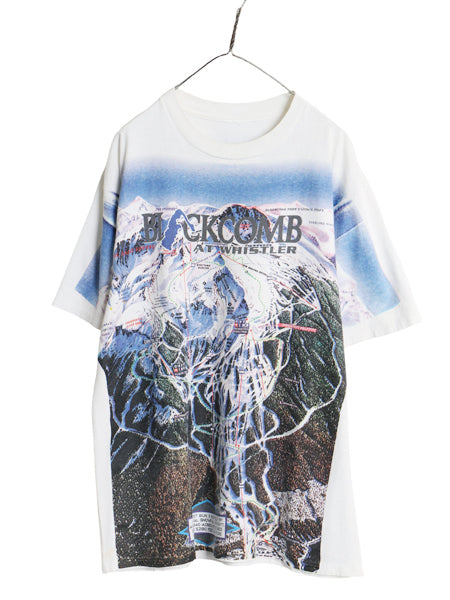 90s オールオーバー イラスト プリント 半袖 Tシャツ メンズ XL 程 古着 オールド アート グラフィック スキー スーベニア 大きいサイズ 白