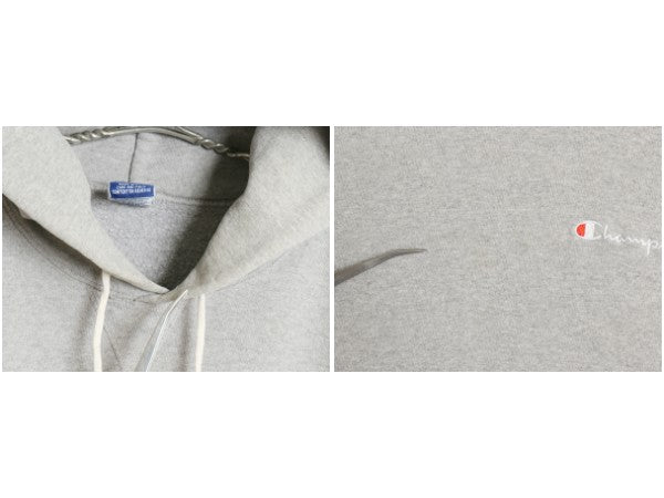 90s USA製 チャンピオン スウェット フード パーカー メンズ XL オールド トレーナー  ワンポイント スクリプト ロゴ 刺繍 大きいサイズ 灰
